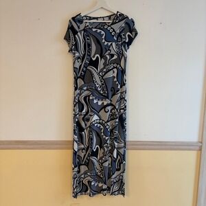 Chicos Women Travelers Blue Abstract Print Knit Maxi Dress Short Sleeve Size 00